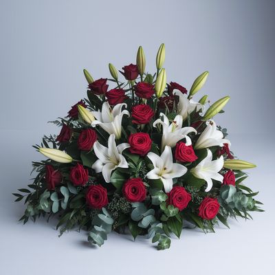 Red and white funeral spray